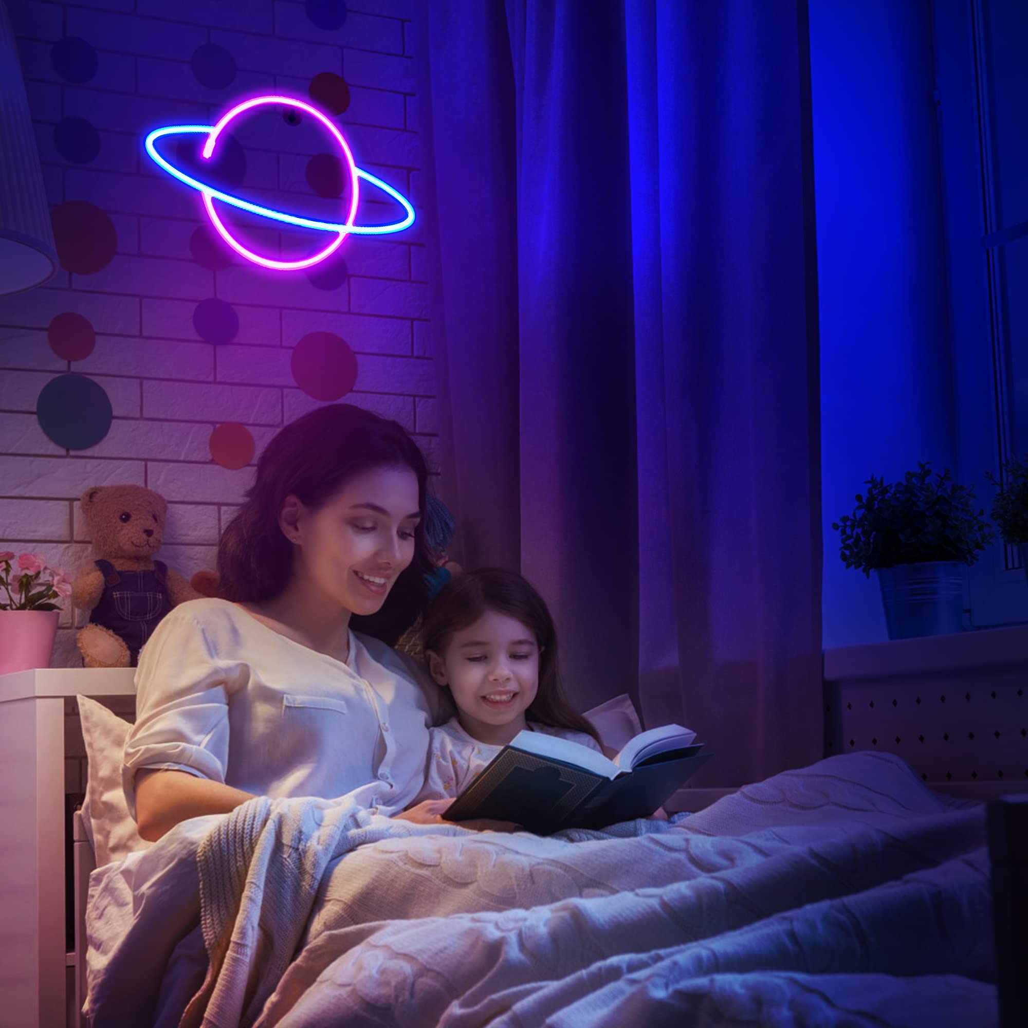 Sofunii neon rocket sign on wall offers bright, gentle bedroom illumination.