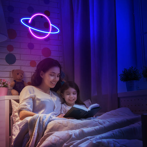 Sofunii neon rocket sign on wall offers bright, gentle bedroom illumination.