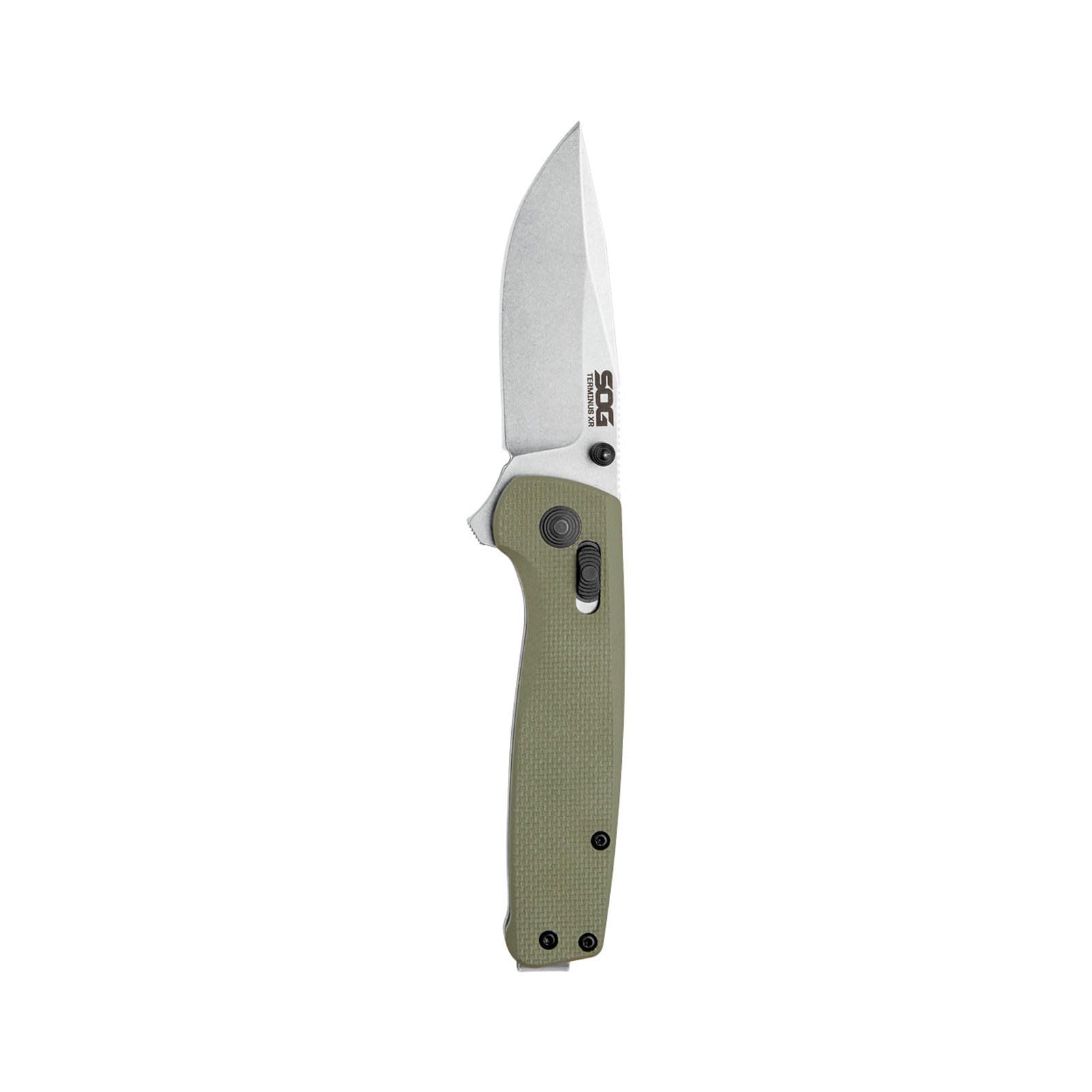 SOG Terminus XR G10 knife handle in olive drab for durable, comfortable daily carry.