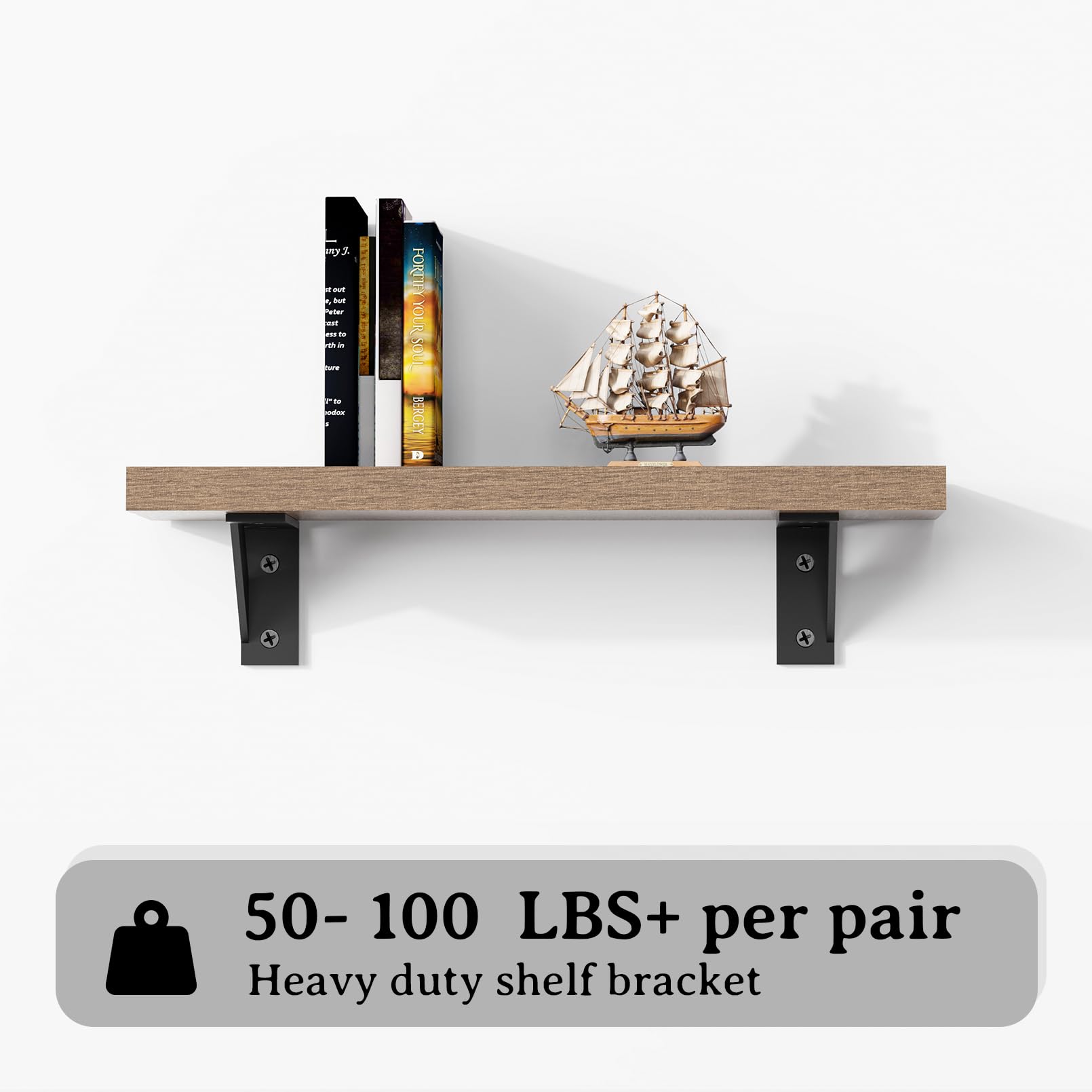 SOGAL shelf bracket 3x4-inch black in-use on a wall with loaded shelf.