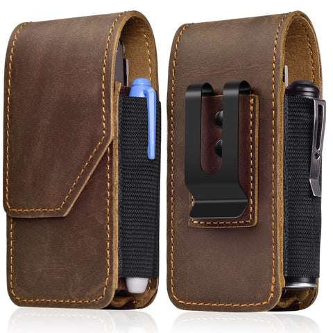 SOGCASE multitool sheath front view in dark brown leather with magnetic closure for secure access