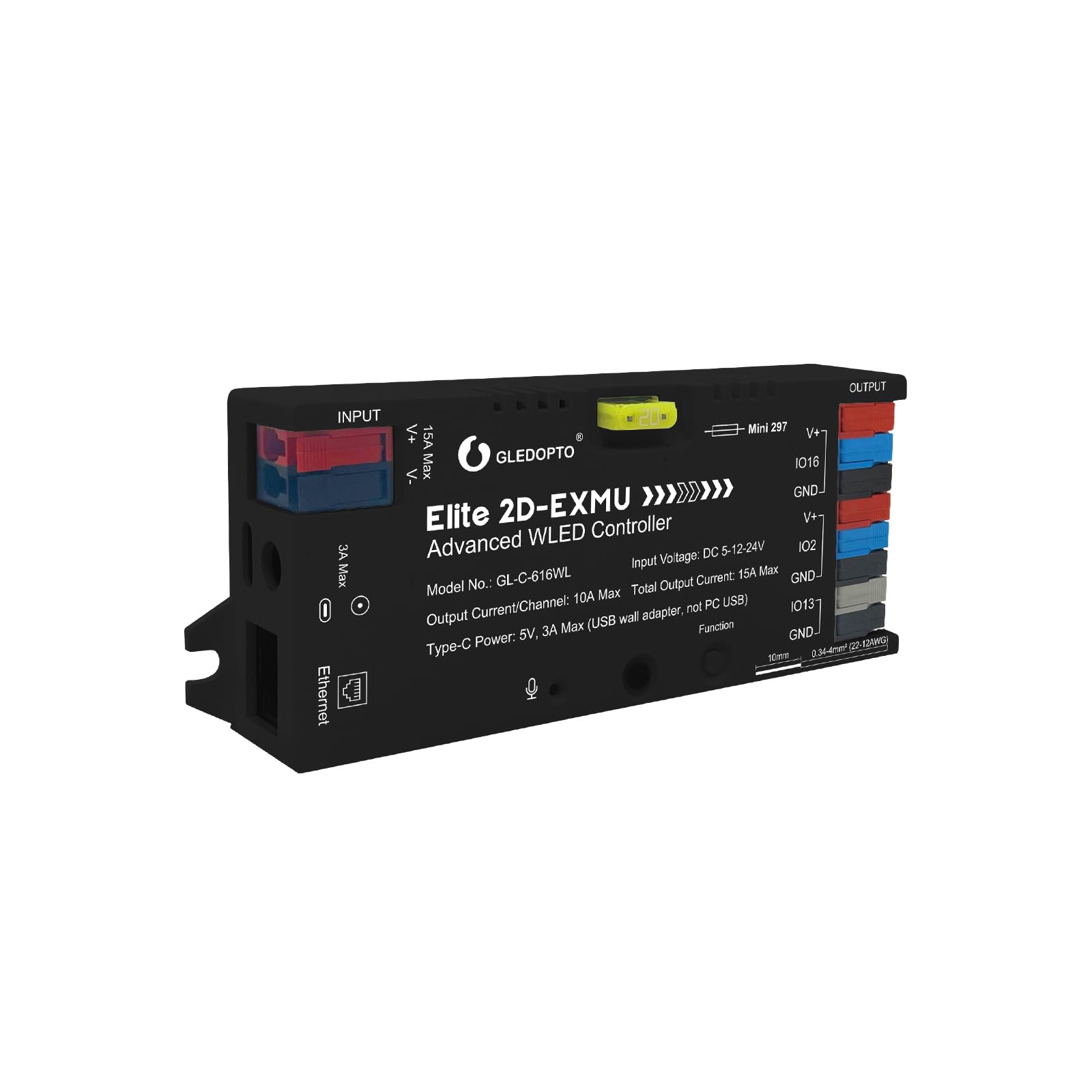 Sogledwow Elite ESP32-WLED controller back panel with labeled connectors for easy setup.