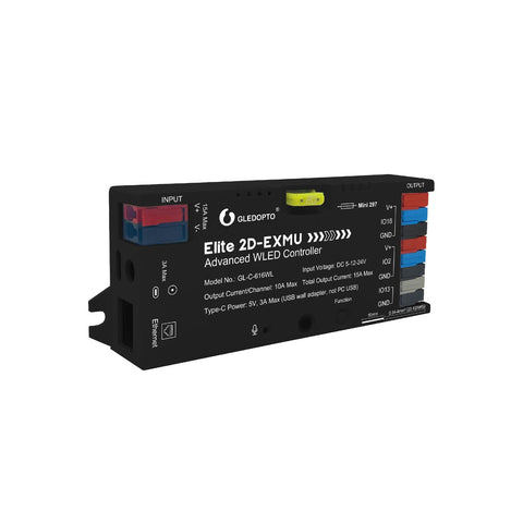 Sogledwow Elite ESP32-WLED controller back panel with labeled connectors for easy setup.