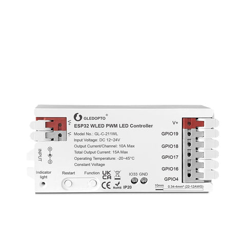 Sogledwow ESP32 PWM WLED controller front view, enabling wireless lighting control.