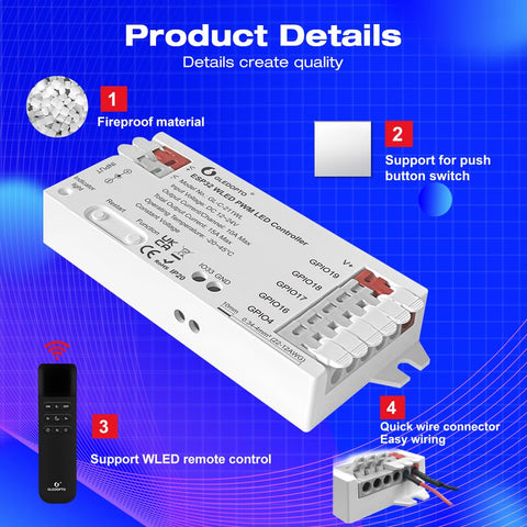 Sogledwow ESP32 PWM WLED controller with WiFi app control for convenient setup.