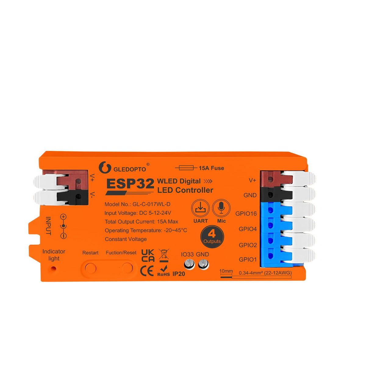Sogledwow ESP32 WLED controller front view for compact home lighting control.
