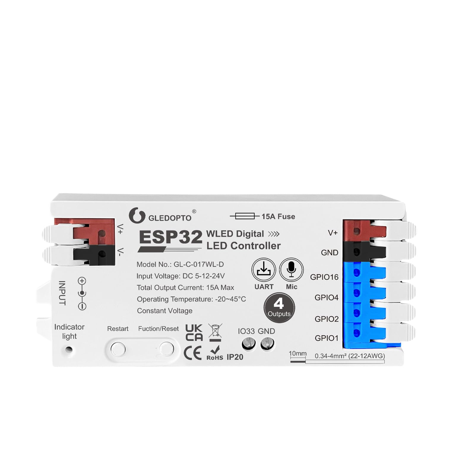 Sogledwow ESP32 WLED controller front view for precise multi-zone lighting.