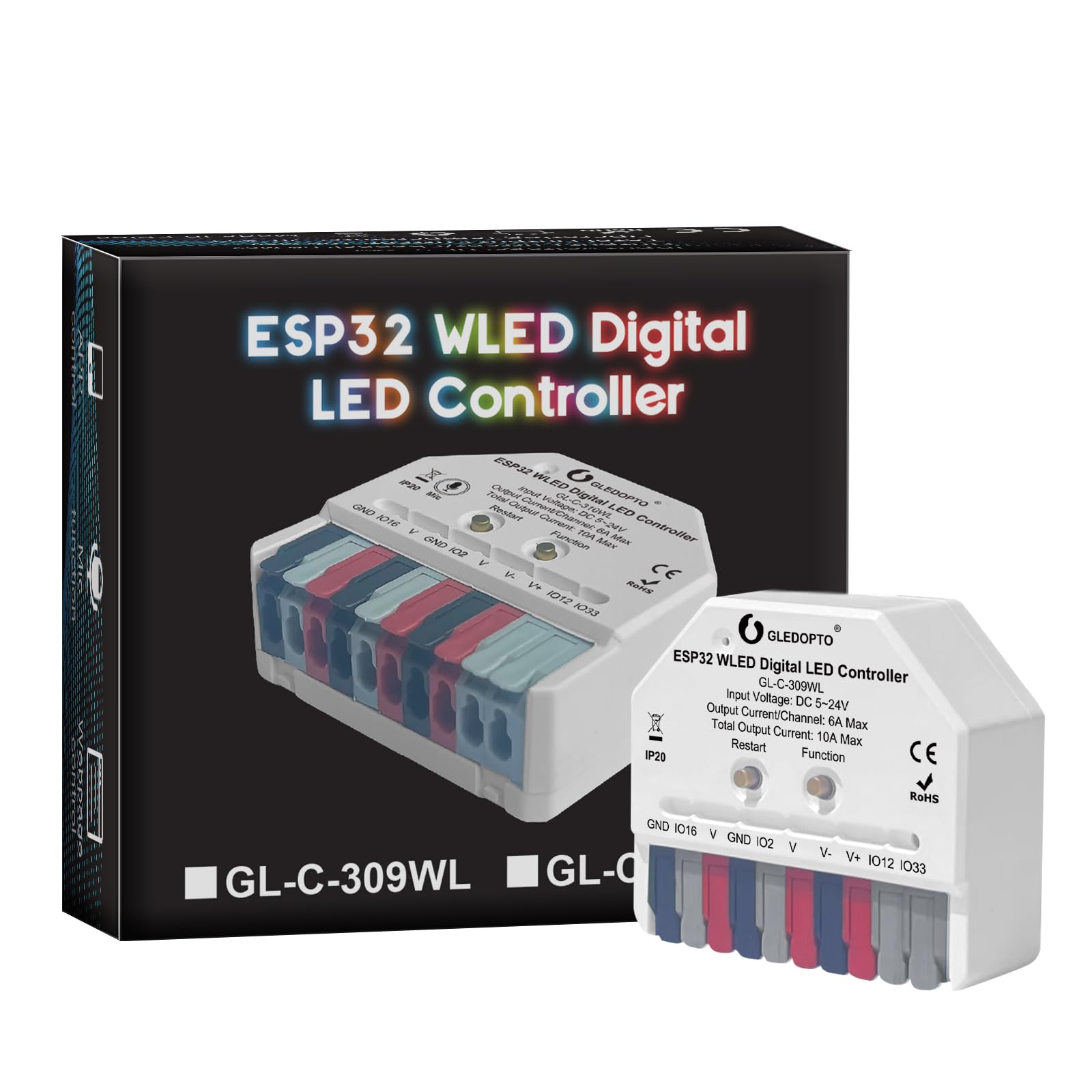 Sogledwow GLEDOPTO ESP32 mini WLED controller front view for quick setup and vibrant lighting.