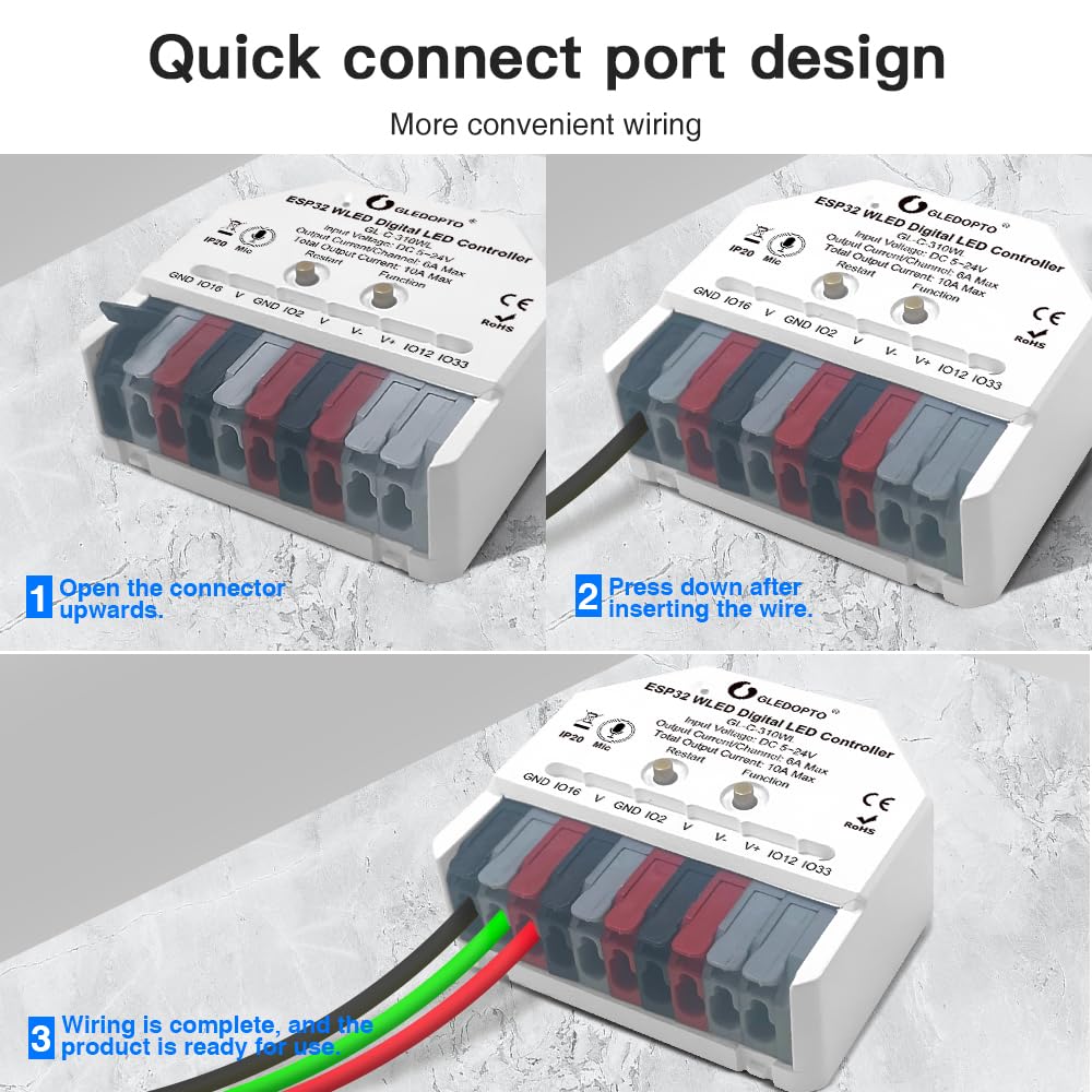 Sogledwow GLEDOPTO ESP32 mini WLED controller features easy wiring for DIY projects.