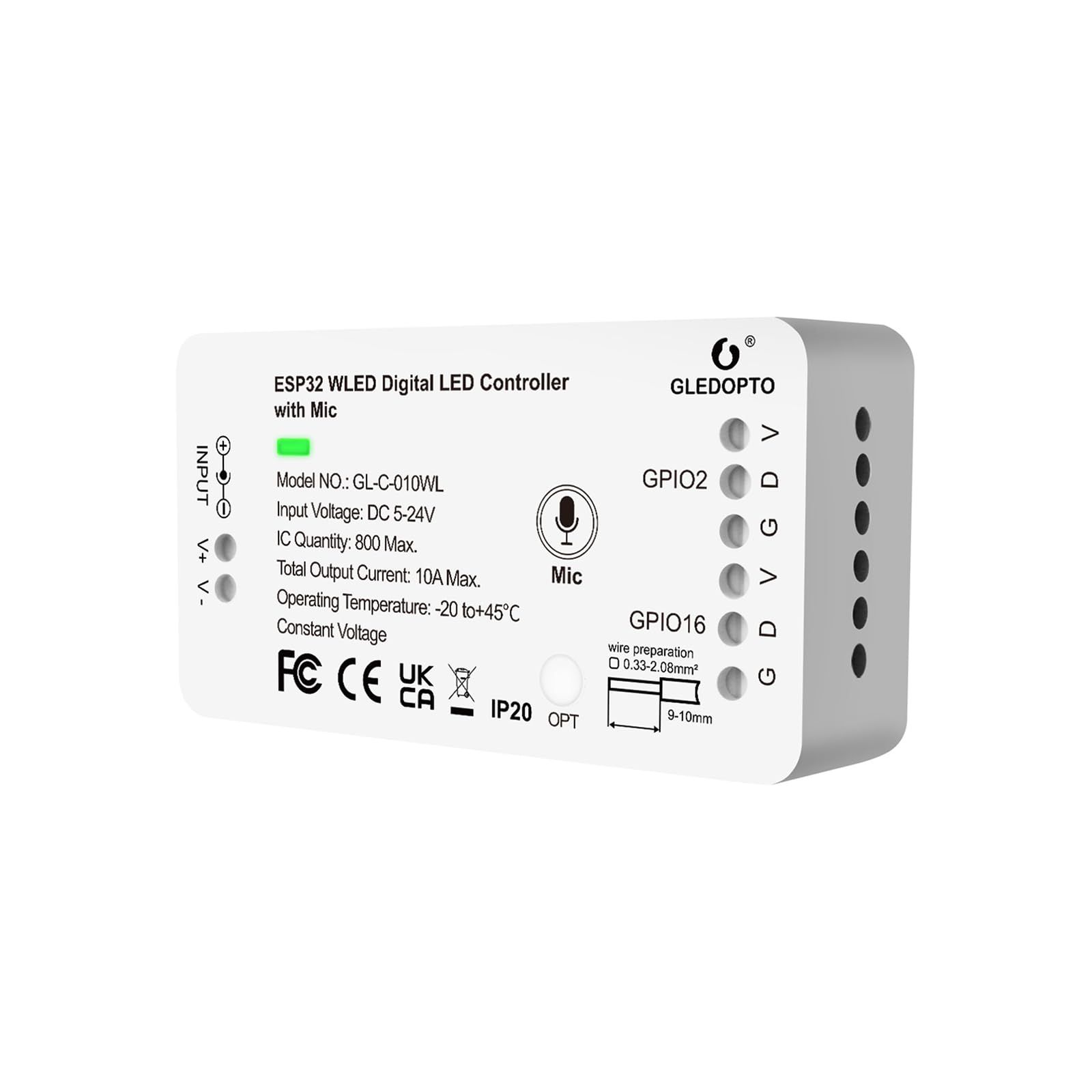 Sogledwow GLEDOPTO ESP32 WLED controller with microphone enabling music-synced lighting.