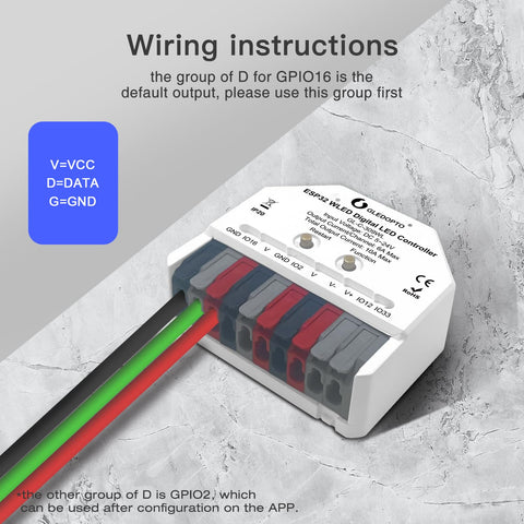 Voltage range 5-24V DC suitable for diverse LED strip setups with the GLEDOPTO controller.