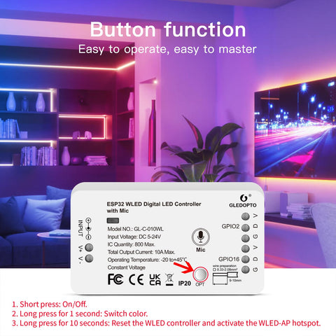 Sogledwow LED controller supports voice-reactive lighting for parties and gatherings.