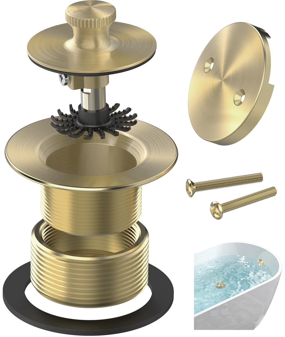 Sogmeter brushed gold bathtub drain close-up with fingerprint-resistant finish.