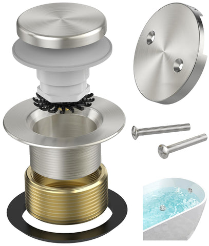 Sogmeter brushed nickel tub drain for a cohesive bathroom look and corrosion resistance.