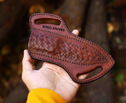 Belt-loop sheath from SOGO KNIVES for easy on-body carry and quick access.