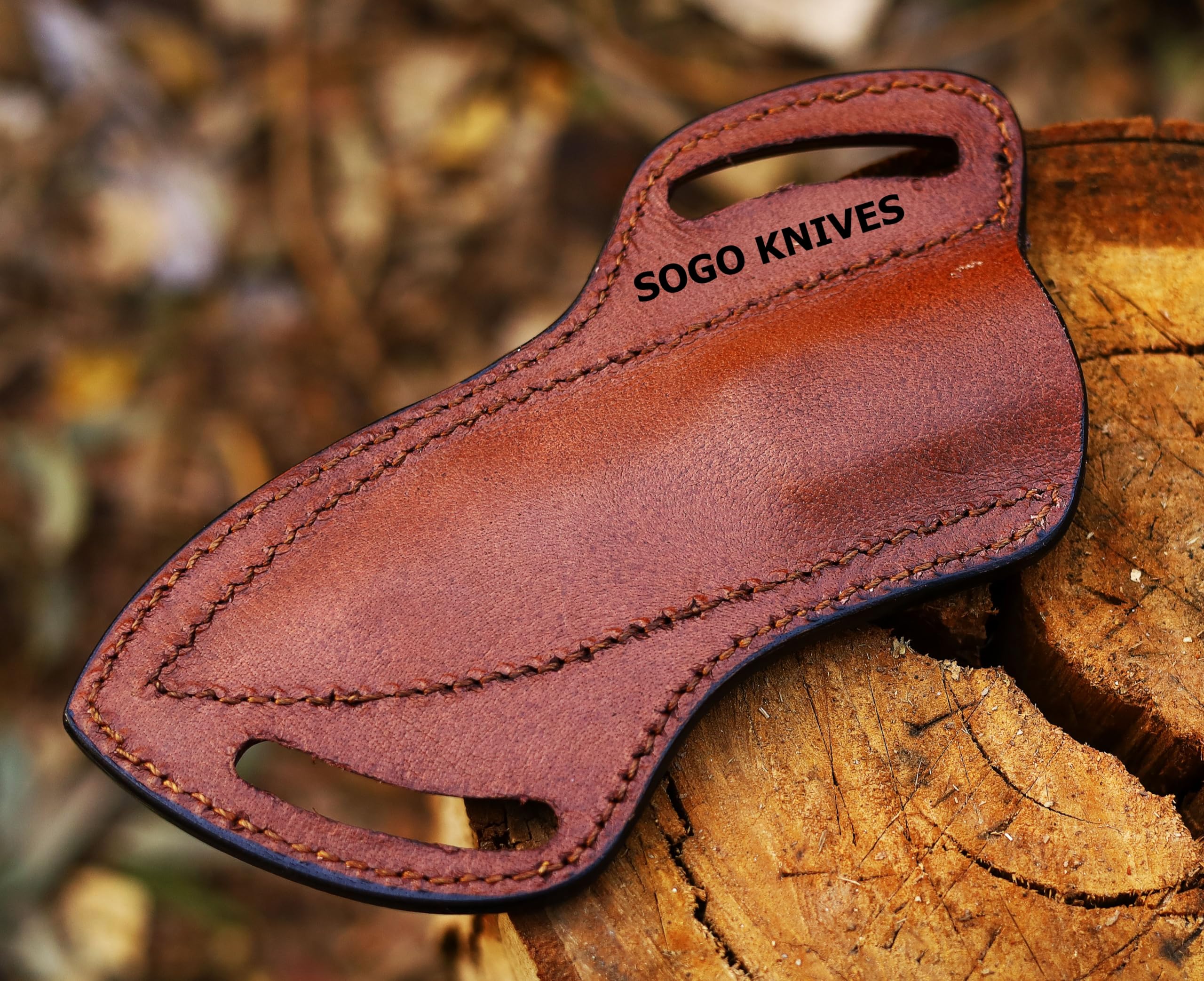 Handmade SOGO KNIVES sheath with smooth, sanded leather edges.