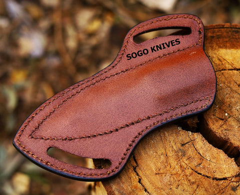 Handmade SOGO KNIVES sheath with smooth, sanded leather edges.