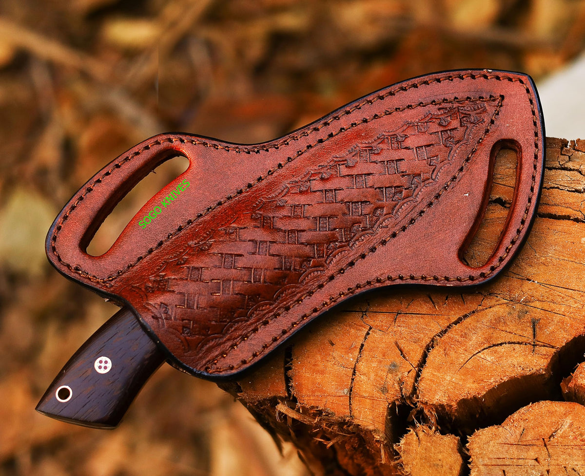SOGO KNIVES leather sheath for belt holds a 4–6 inch skinner knife securely.