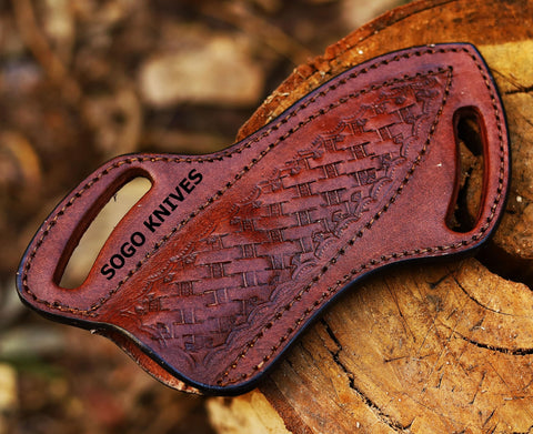 SOGO KNIVES brown leather skinner knife sheath covers a 4–6 inch blade.