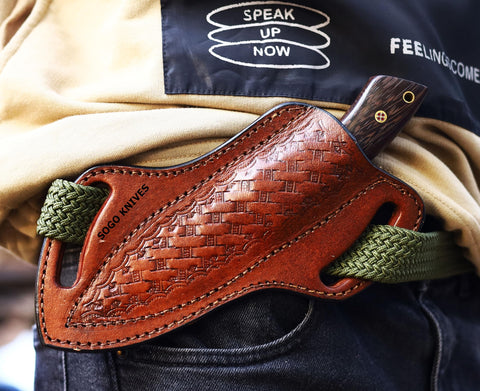 Slanted pancake design sheath by SOGO KNIVES with top-grain cowhide material.