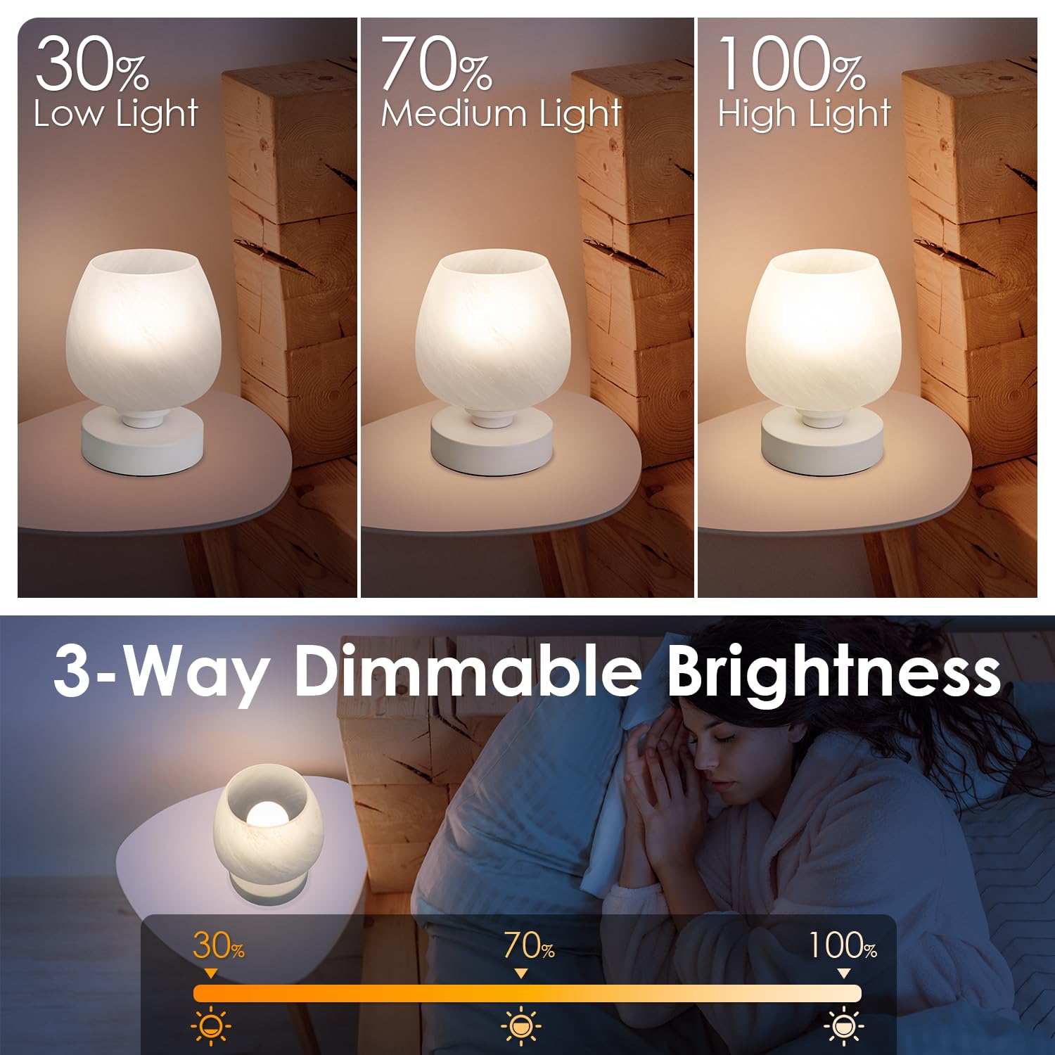 Soilsiu bedside lamp shows 3 way dimmable touch control for adaptable lighting