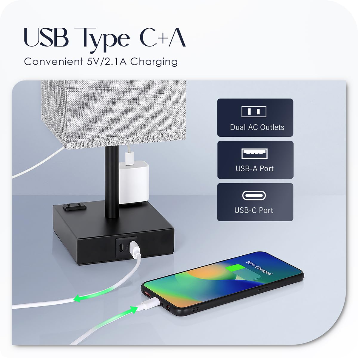 Soilsiu bedside lamp includes AC outlets for convenient device power.