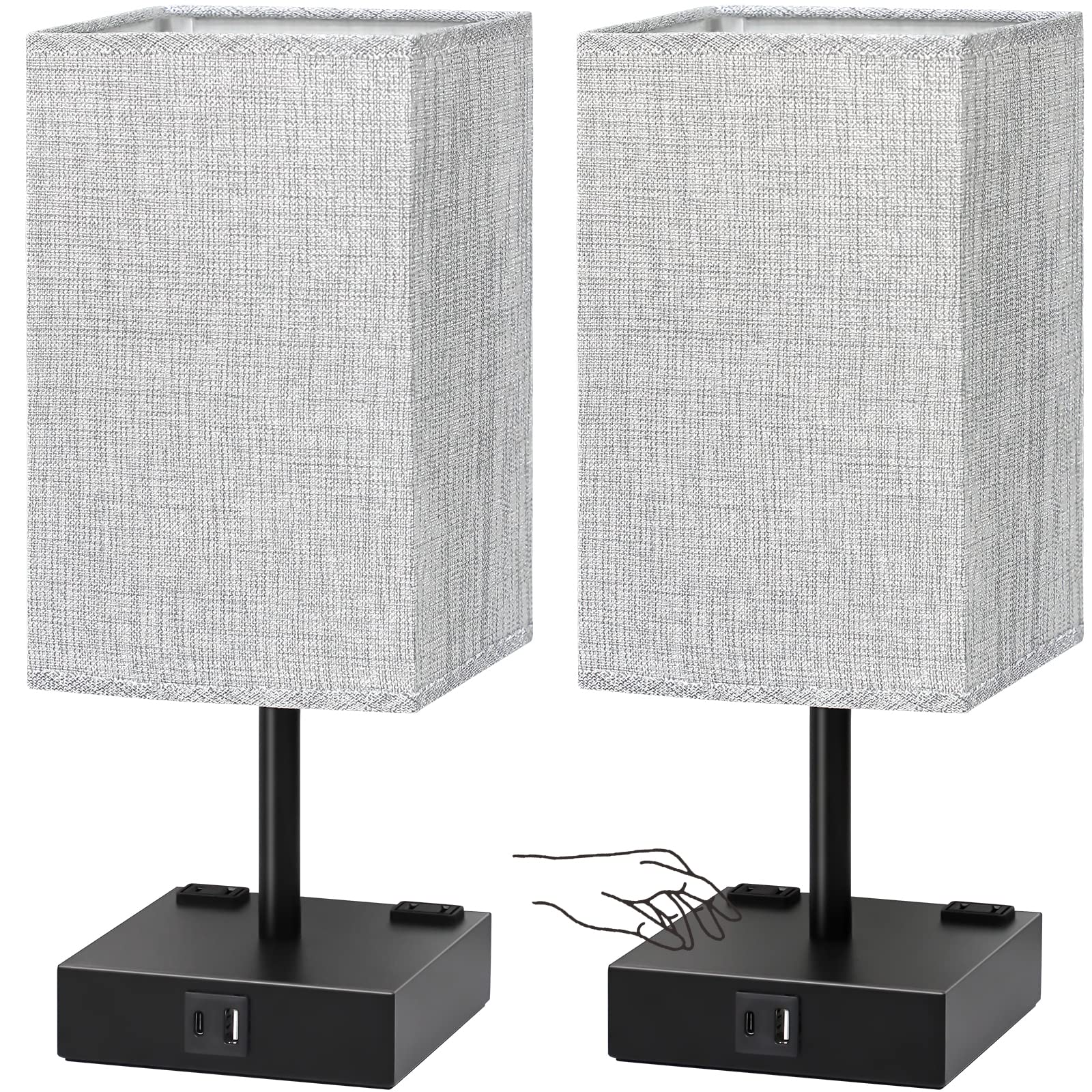 Soilsiu bedside lamp with grey shade and black base for soft, eye-friendly lighting.