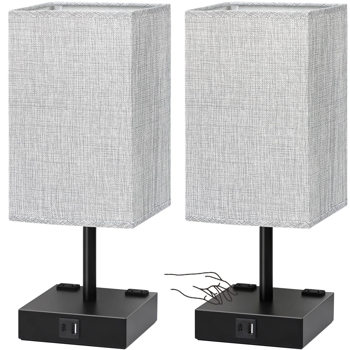 Soilsiu bedside lamp with grey shade and black base for soft, eye-friendly lighting.