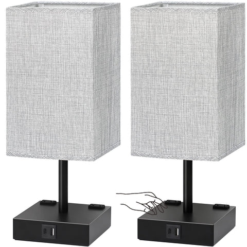 Soilsiu bedside lamp with grey shade and black base for soft, eye-friendly lighting.