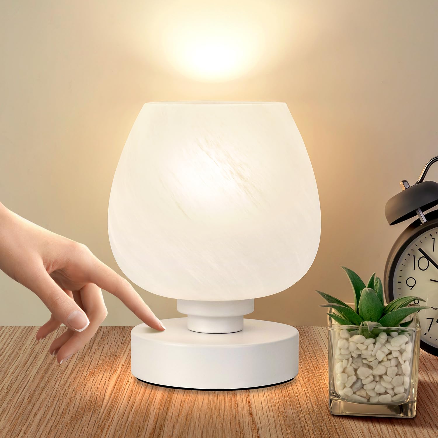 Soilsiu bedside lamp on nightstand with soft opal shade for cozy reading