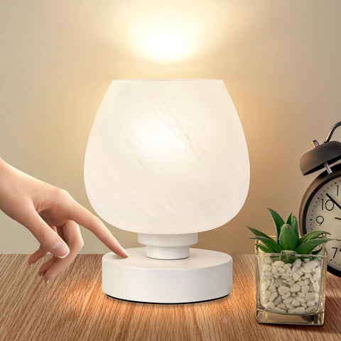 Soilsiu bedside lamp on nightstand with soft opal shade for cozy reading