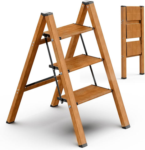 Soladder 3-step ladder folding for compact storage and room-ready appeal.
