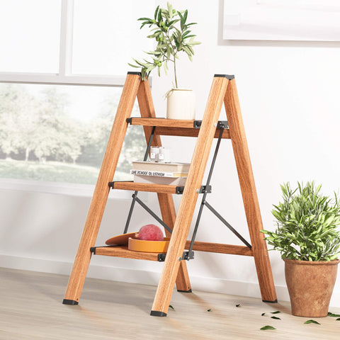 Soladder three steps offer comfortable standing height for reaching shelves.