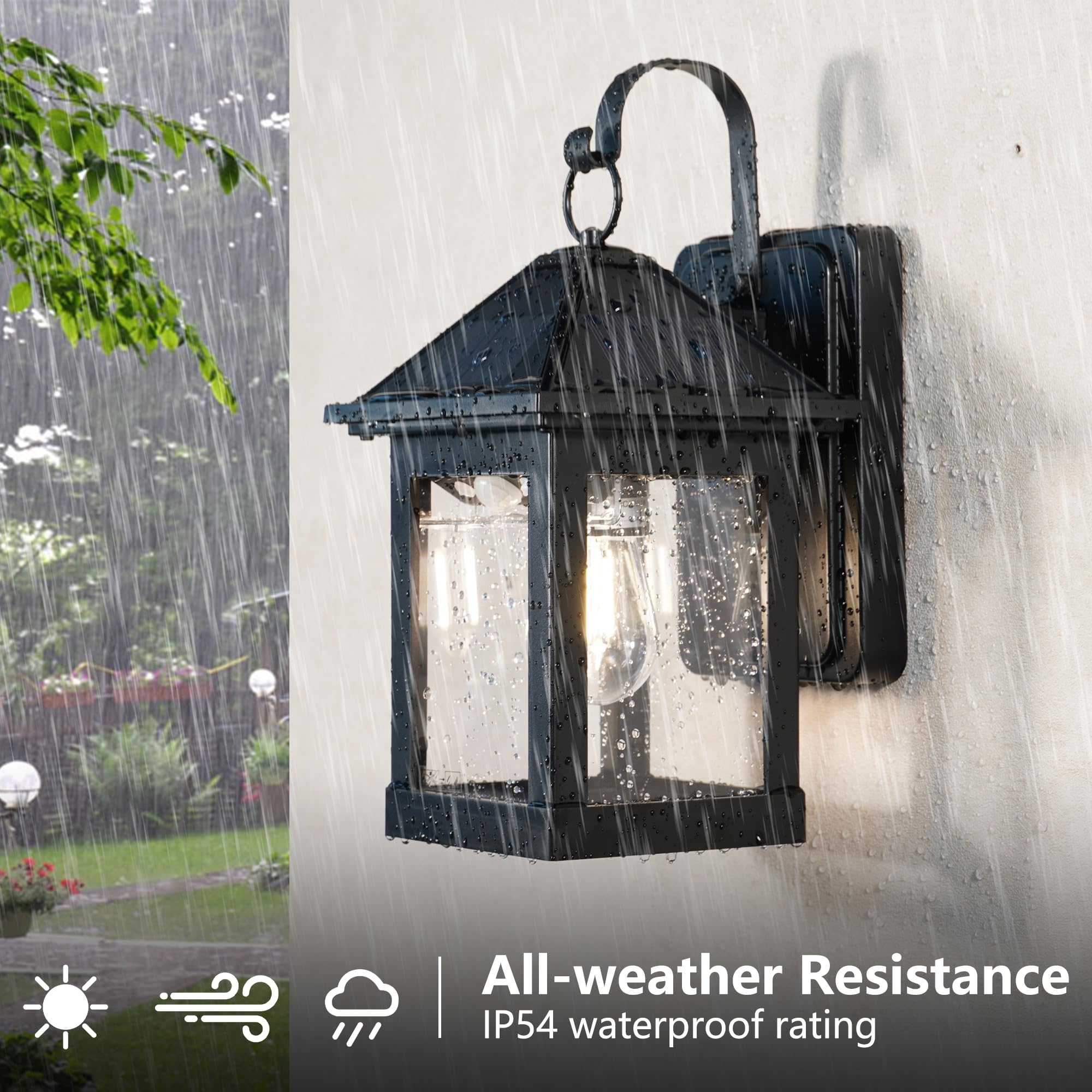 Solar Outdoor Wall Light 2 Pack features IP54 waterproof design for rain resistance
