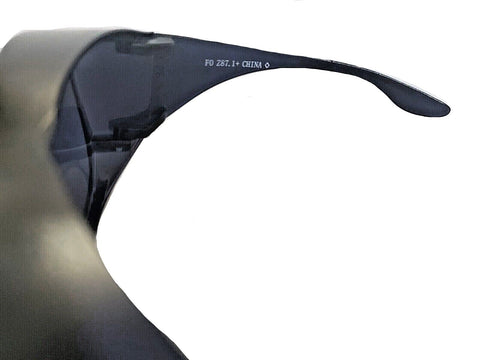 Solar Shield fits-over sunglasses lens detail emphasizing 100% UVA/UVB protection.