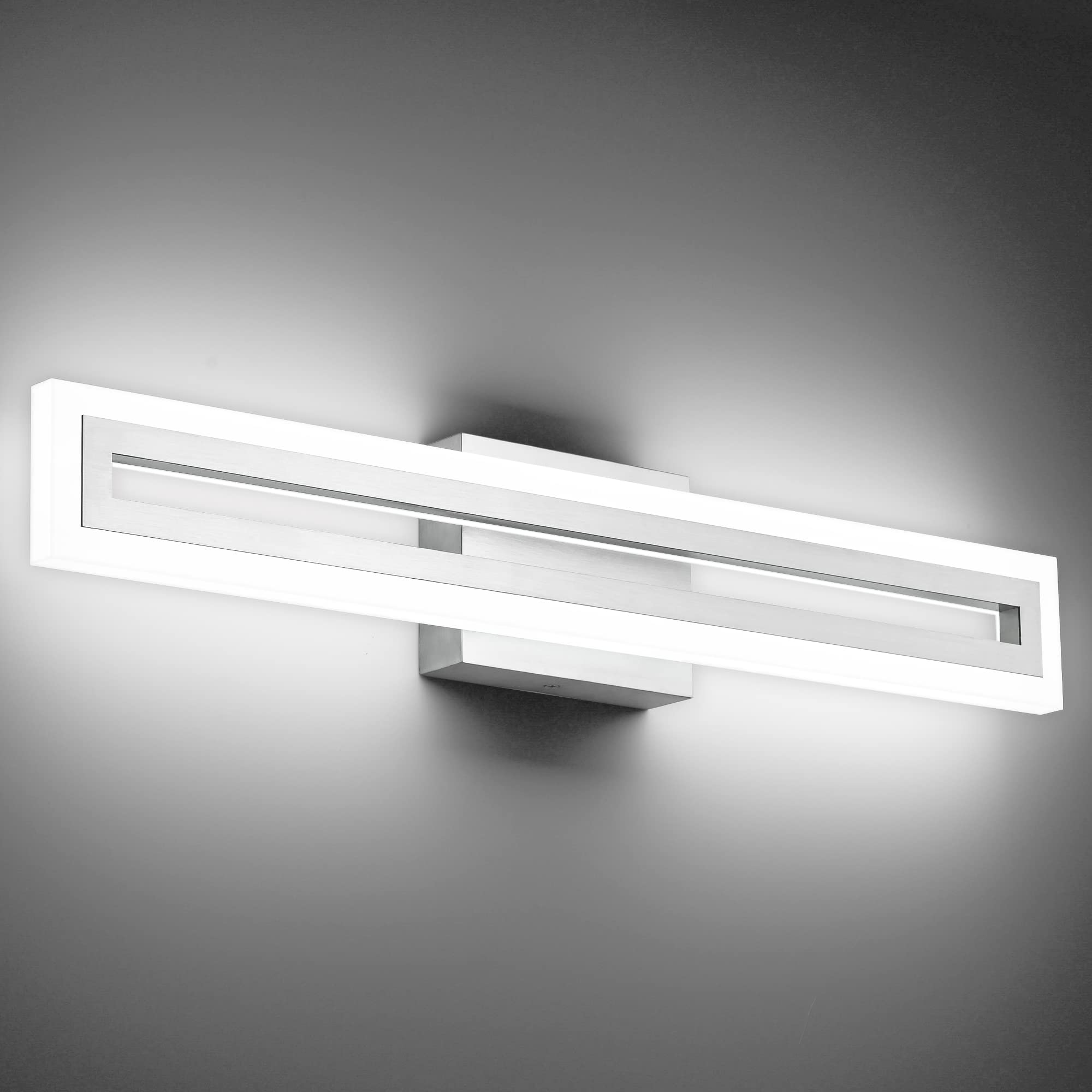 SOLFART 24-inch LED vanity light in brushed nickel for bright bathroom illumination.