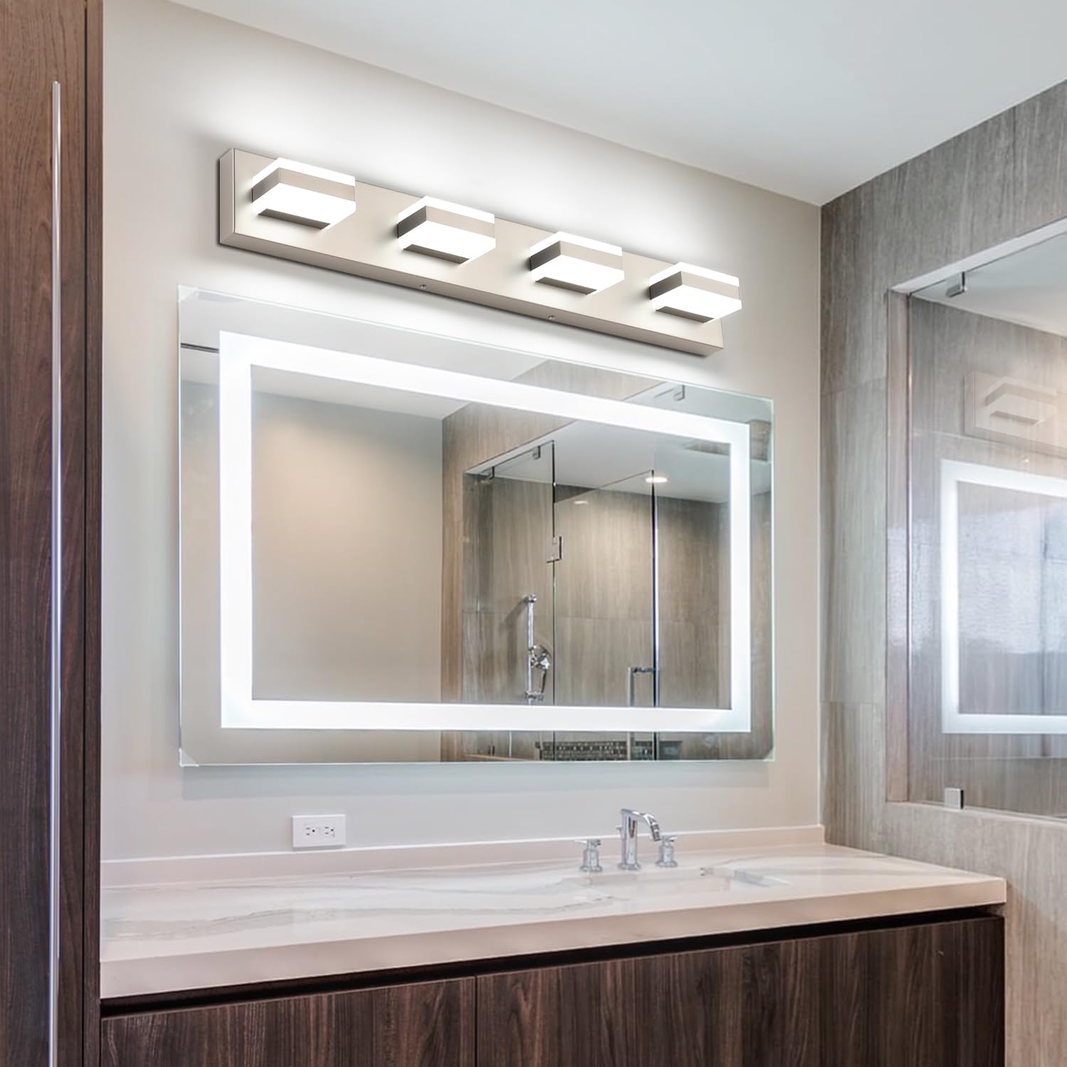 Brushed nickel SOLFART light frame adds durable, sleek bathroom decor.