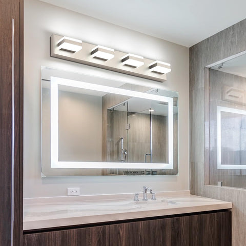 Brushed nickel SOLFART light frame adds durable, sleek bathroom decor.