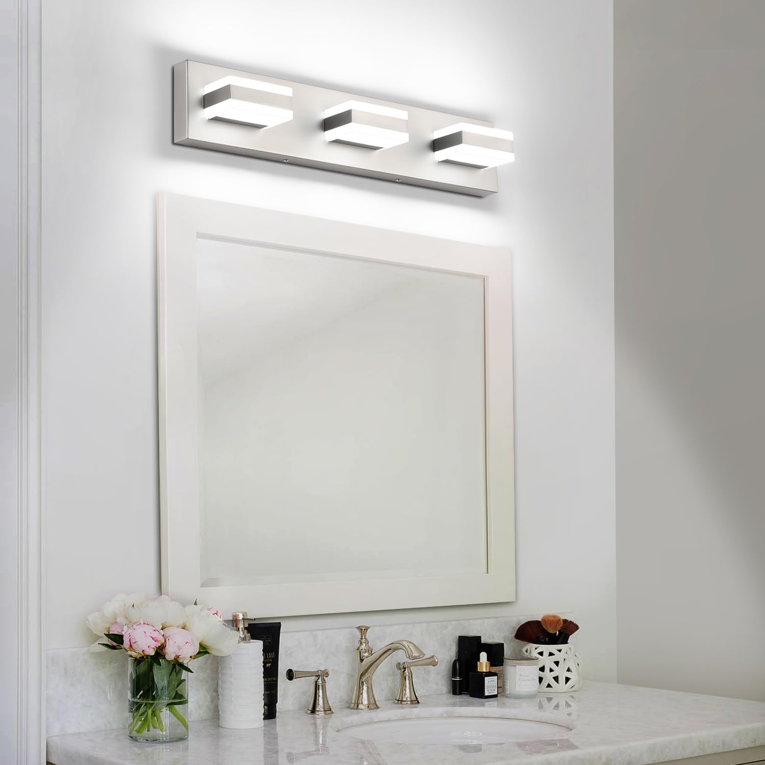 SOLFART LED vanity light dimmable brushed nickel for customizable mood in powder room.