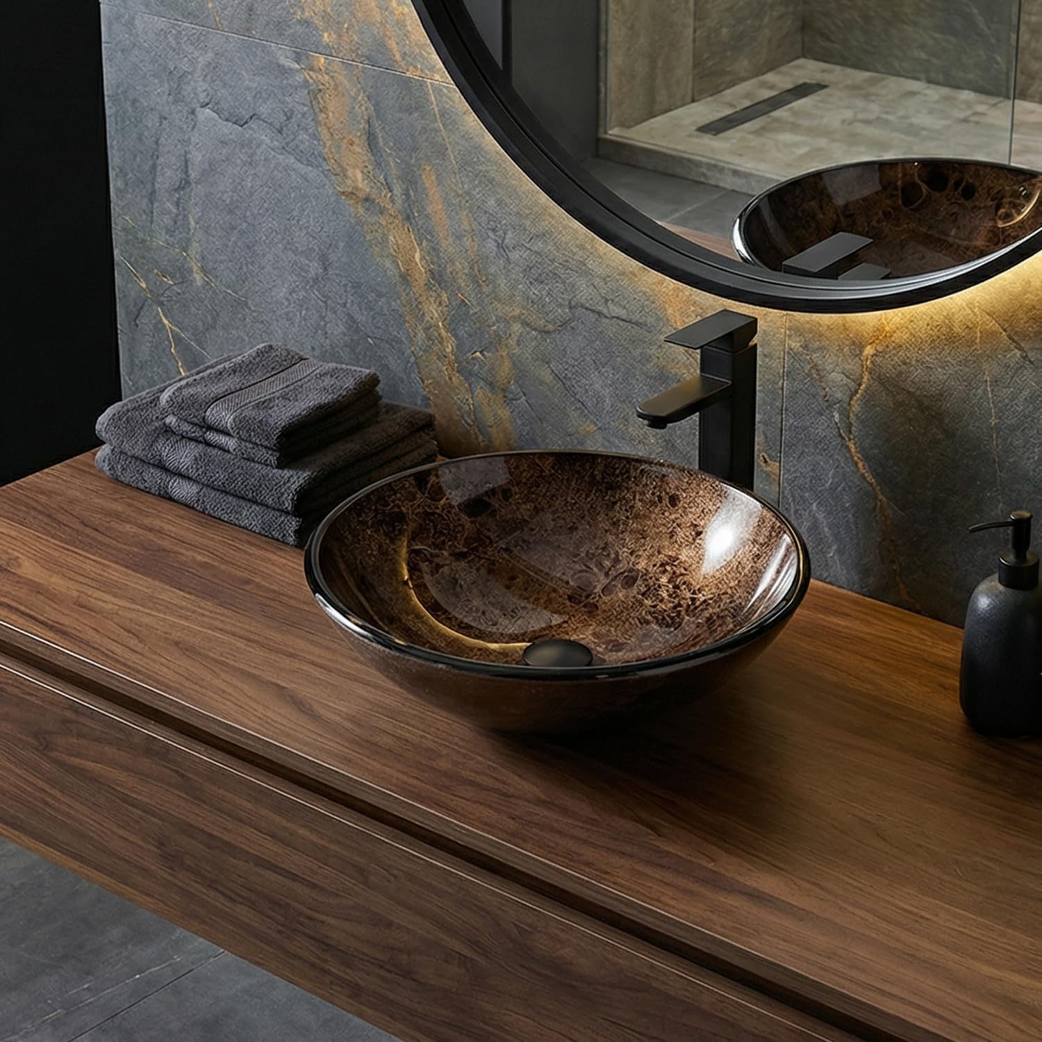 SOLIDEE brown glass sink installed with drain and faucet showing how it pairs with modern vanities.