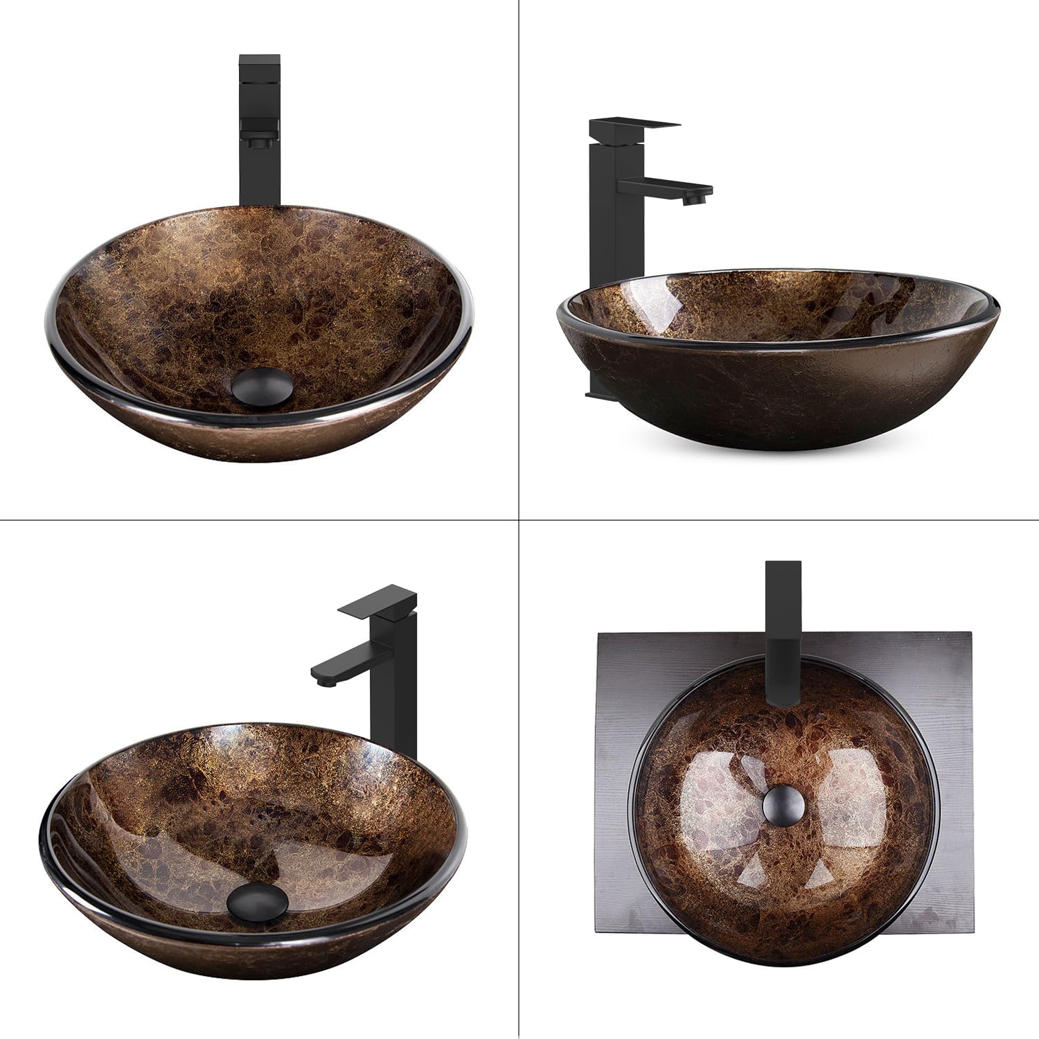 SOLIDEE vessel sink brown glass side view highlights install-friendly dimensions and sturdy mounting.