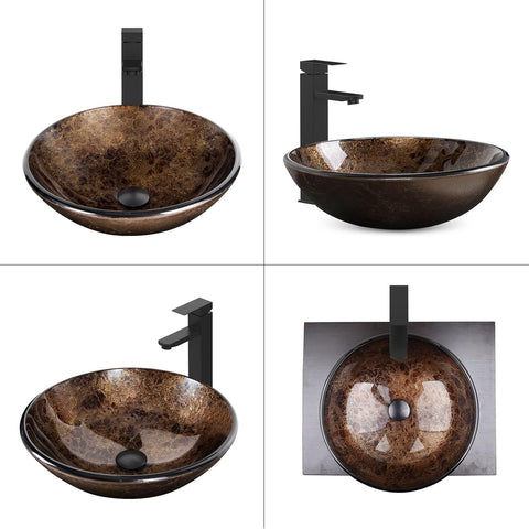 SOLIDEE vessel sink brown glass side view highlights install-friendly dimensions and sturdy mounting.