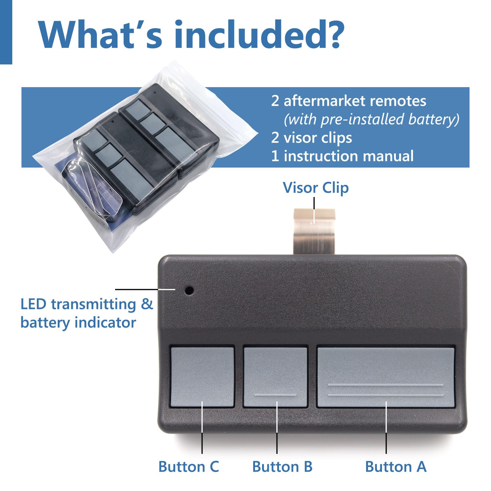 Solidremote garage door remote 2-pack back view showing easy programming and battery included