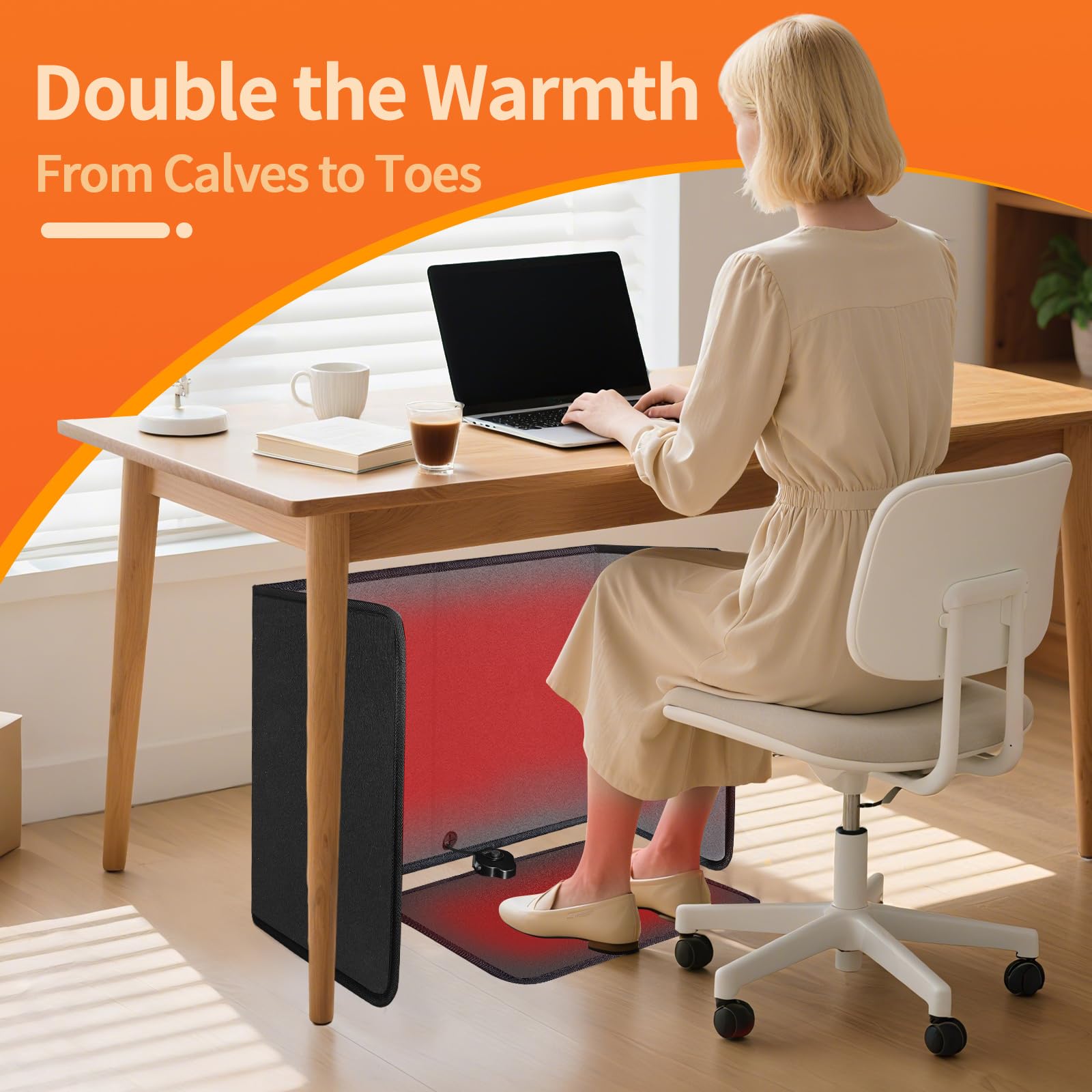 SoliSnug under-desk heater with side panels attached offers versatile warmth
