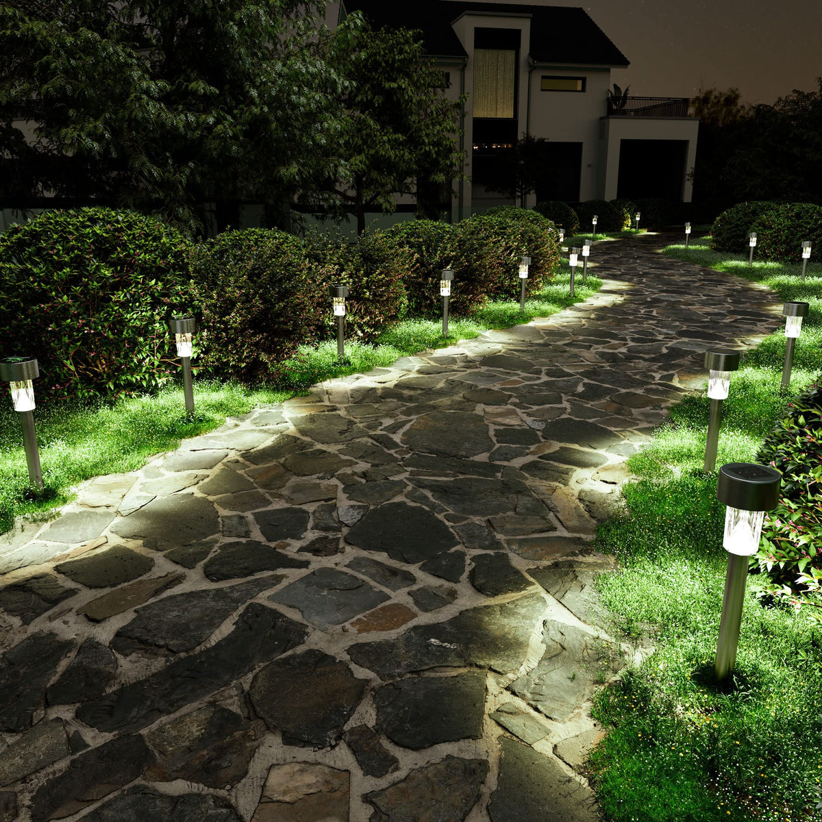 SOLPEX 16-pack solar pathway lights illuminate walkways with easy-ground-stake installation.