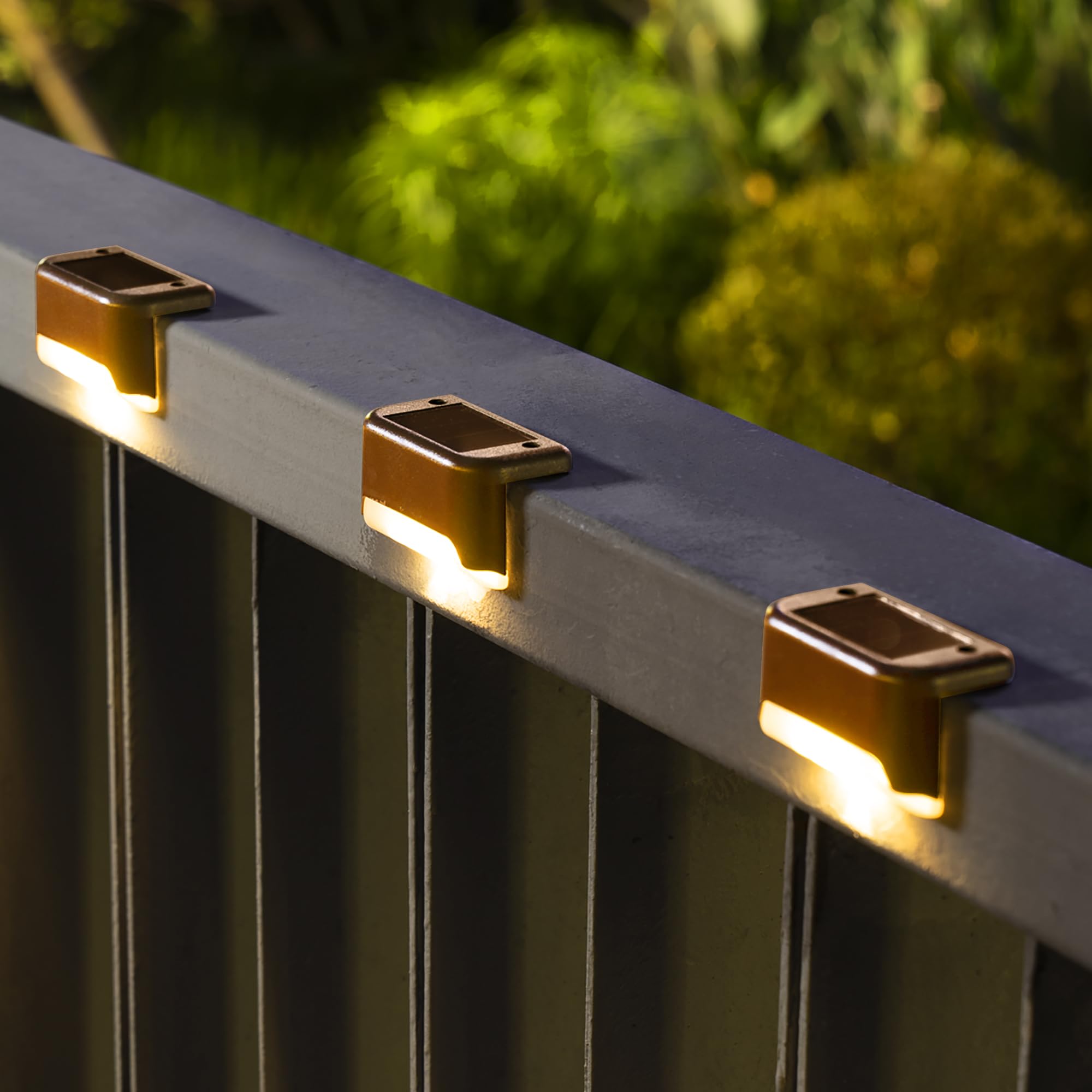 SOLPEX solar deck light on stairs provides warm white illumination for safe night navigation.