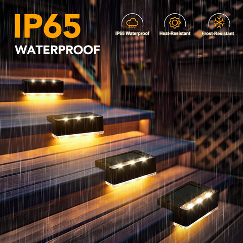 SOLPEX solar deck lights over stairs create welcoming evening ambience.