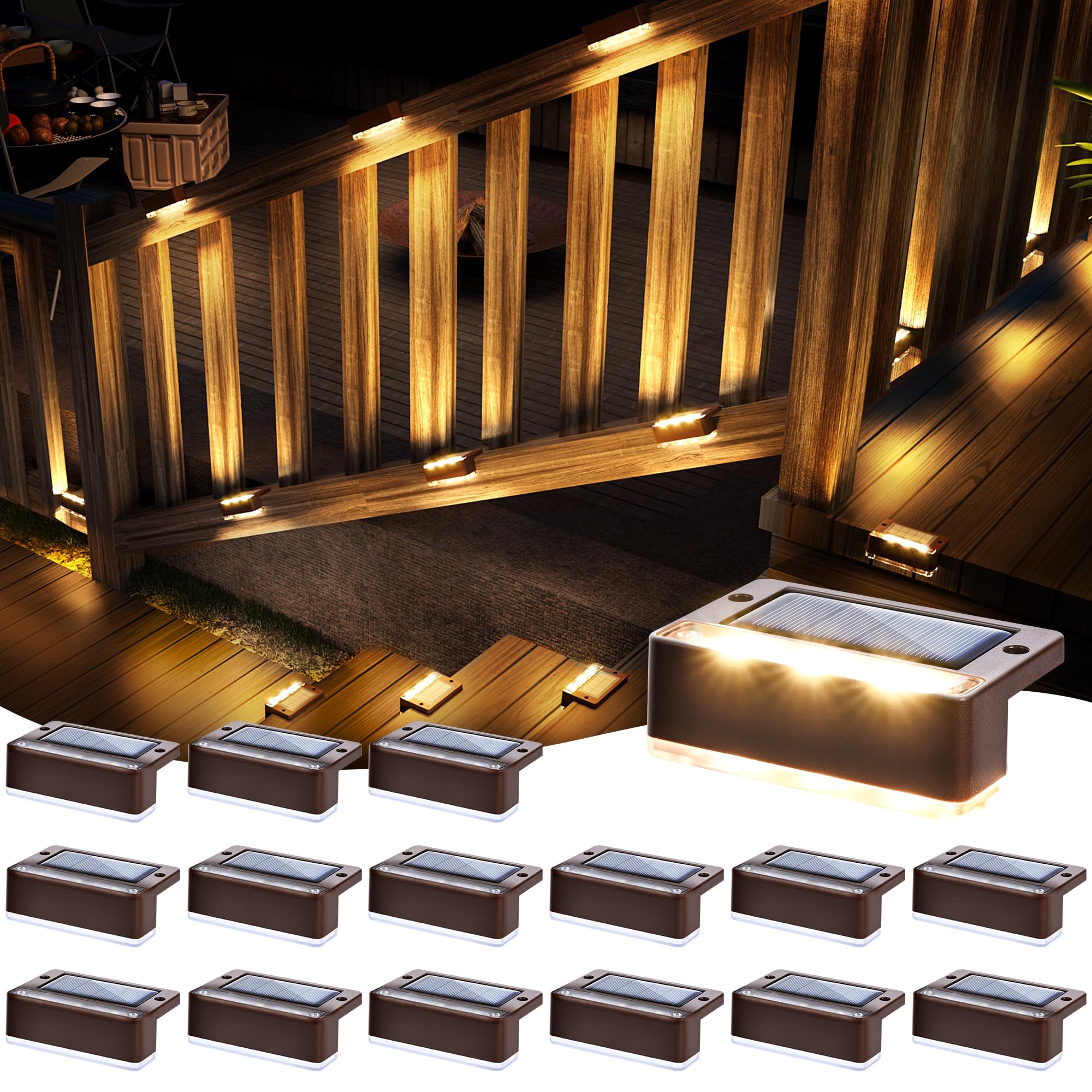 SOLPEX solar fence lights on fence provide dual-directional warm glow for steps and deck.