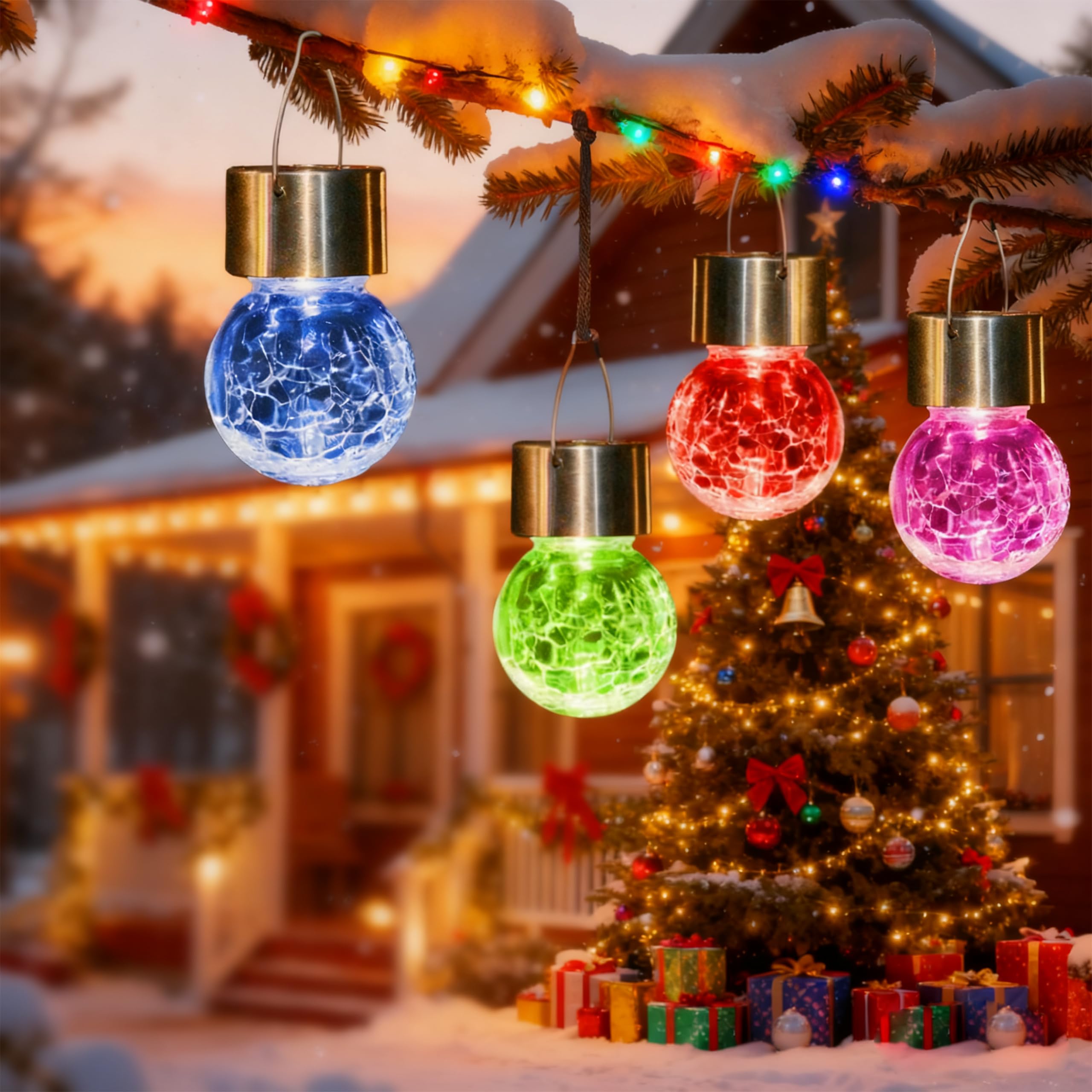 SOLPEX solar glass ball light with cracked design enhances festive garden ambiance.