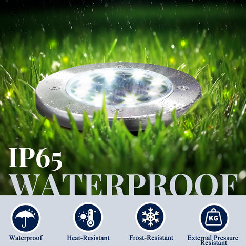 SOLPEX solar ground light disk beside the backyard walkway highlights edges safely.